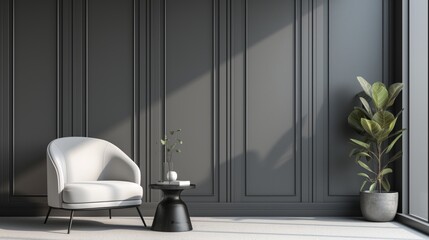 grey wall panels and black side table in minimalist interior design composition with a white...