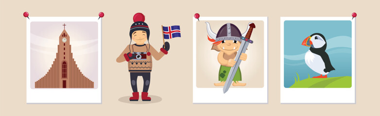 Man Photographer and Norway Travel Photo and Picture Pin to Wall Vector Set