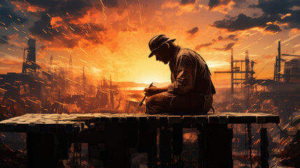 Fototapeta premium Silhouette of blacksmith working in red, fire background