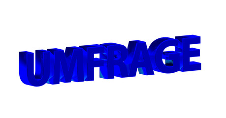 Umfrage - blaue plakative 3D-Schrift, Meinungsumfrage, online Umfrage, Wahlumfrage, Umfrage Auswertung, Meinung, anonym, Trend, Wünsche, Interessen, Marketing, Marktforschung, Rendering, Freisteller