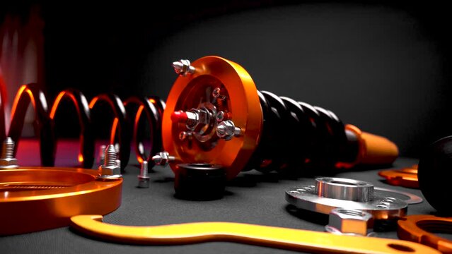 suspension tuning, coilovers, shock absorbers and front springs in yellow and gold colors for a sports drift car on a dark background