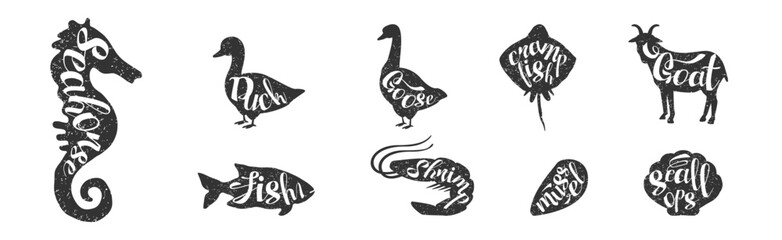 Black Animal Silhouette with Inscription Inside Vector Set