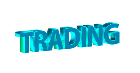 Trading, hellblaue plakative 3D-Schrift: Börse, Aktienhandel, Devisenhandel, Daytrading, Kryptowährungen, Handelsstrategien, Online-Trading, Aktienkurse,  Marktanalyse, Rendering, Freistelleer