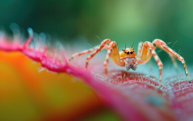 Close-up of a colorful spider on a vibrant leaf, with a soft-focus background.