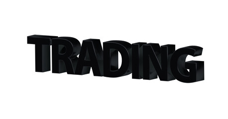 Trading, schwarze plakative 3D-Schrift: Börse, Aktienhandel, Devisenhandel, Daytrading, Kryptowährungen, Handelsstrategien, Online-Trading, Aktienkurse,  Marktanalyse, Rendering, Freistelleer