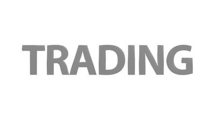 Trading, silberne plakative 3D-Schrift: Börse, Aktienhandel, Devisenhandel, Daytrading, Kryptowährungen, Handelsstrategien, Online-Trading, Aktienkurse, Marktanalyse, Rendering, Freistelleer