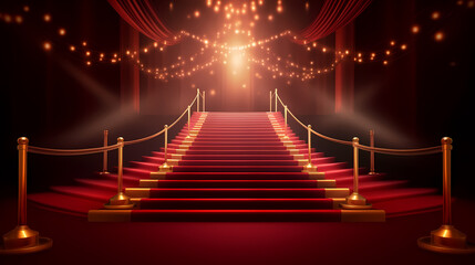 Red carpet on the stairs on dark background, the way to glory, victory and success