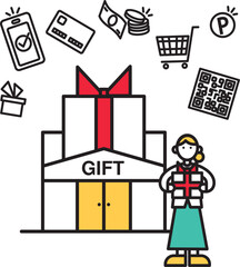 Obraz premium シンプルな線画のギフトショップのイラスト（人物）