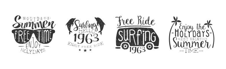 Summer Vacation and Holidays Monochrome Label and Badge Vector Set - obrazy, fototapety, plakaty