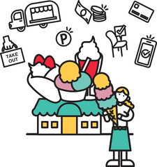 シンプルな線画のアイスクリーム店のイラスト（人物）