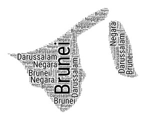 Black and white word cloud in Brunei shape. Simple typography style country illustration. Plain Brunei black text cloud on white background. Vector illustration.