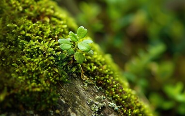 Close-up of green moss and small plants growing on a rock, with a blurred natural background.