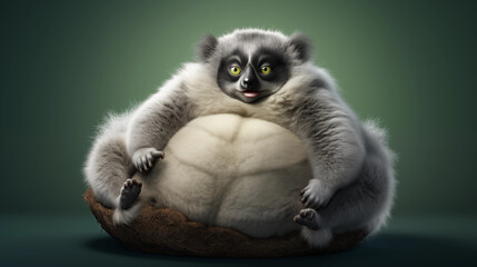 Cute fat overweight lemur with expressive eyes and fluffy fur.