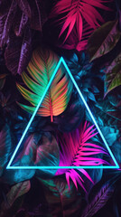 Colorful neon fluorescent light in the shape of a triangle with tropical leaves .
