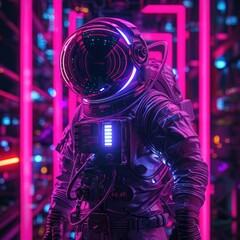 Fototapeta premium Modern neon coloured astronaut, metaverse space costume