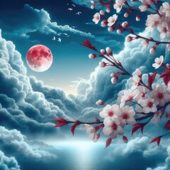 A cherry blossom branch in full bloom, set against a sky filled with fluffy clouds and a radiant red moon