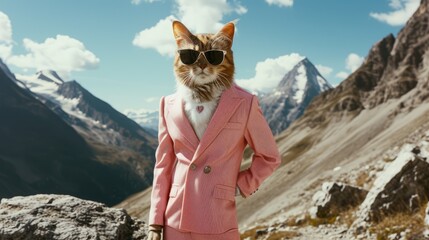 A cat wearing sunglasses and a suit with a tie. Generative AI image.