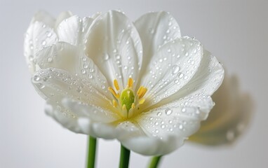 Close-up of a white tulip with water droplets on petals, isolated on a light background.
