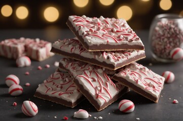 Festive peppermint chocolate bark on rustic backdrop