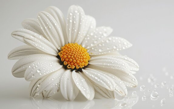 White daisy with water droplets on petals against a light background.