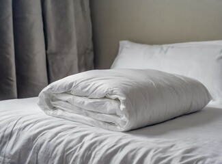 White folded duvet lying on white bed background. Preparing for winter season, household, domestic activities, hotel or home textile.