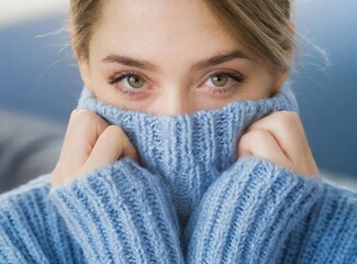 Caucasian blonde beauty model with turtleneck sweater. Winter cold season.