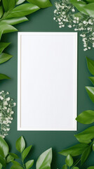 Fototapeta na wymiar Creative layout made of green leaves and white blank card on green background. Flat lay, top view, copy space
