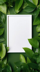 White photo frame with green leaves on green background. Flat lay, top view
