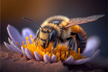 A bee collects nectar on a flower. AI generated.
