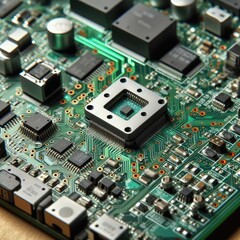 a close-up view of a green circuit board with various electronic components mounted on it.