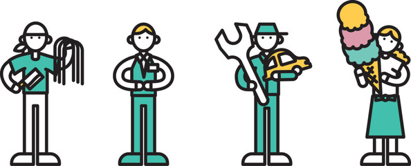 シンプルな線画の様々なお店で働く人物（C）のイラスト