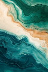 Fototapeta na wymiar Abstract Wave Painting Background in the Style of Dark Teal and Light Beige - Organic Topography Marbleized Art in Colors Light Green and Aquamarine Wallpaper created with Generative AI Technology