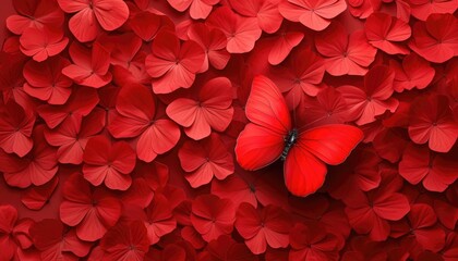 Red rose petals background with red butterfly, valentine's day postcard background - obrazy, fototapety, plakaty