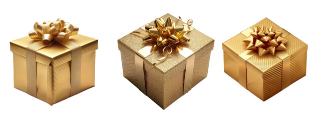 Golden gift box isolated on transparent background cutout