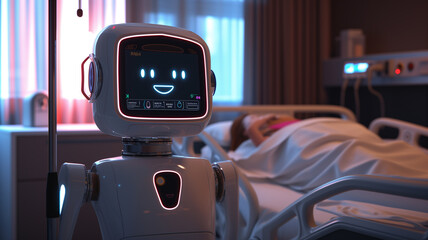 modern medical setting where a patient rests in a hospital bed under the watchful care of a humanoid robot nurse