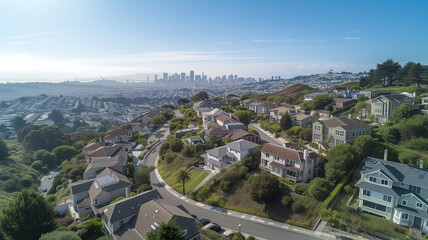 panoramic view captures the warmth of a sunset bathing a sprawling suburban landscape. The houses neatly lined and the San Francisco city skyline in the distance