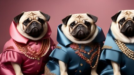 Posh pugs parading in designer outfits and jewel.