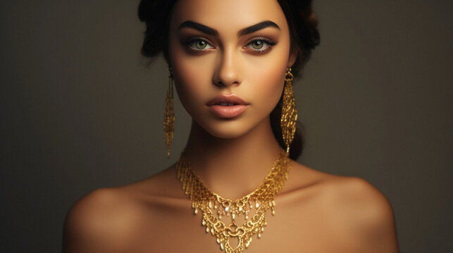 Fashion portrait of beautiful young woman with jewelry. Perfect makeup .