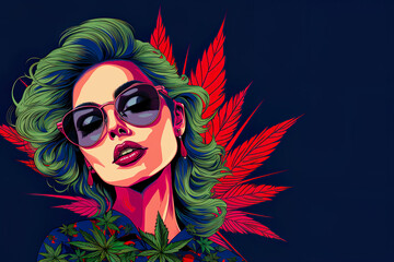 Сolorful illustration with a beautiful girl's face and cannabis leaves. Modern, stylish pop art marijuana banner