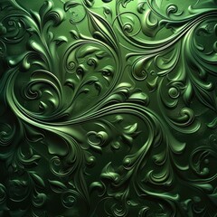 Seamless green damask ornament background, black texture backdrop