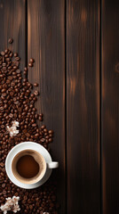 Coffee beans and cup of coffee on brown wooden background .