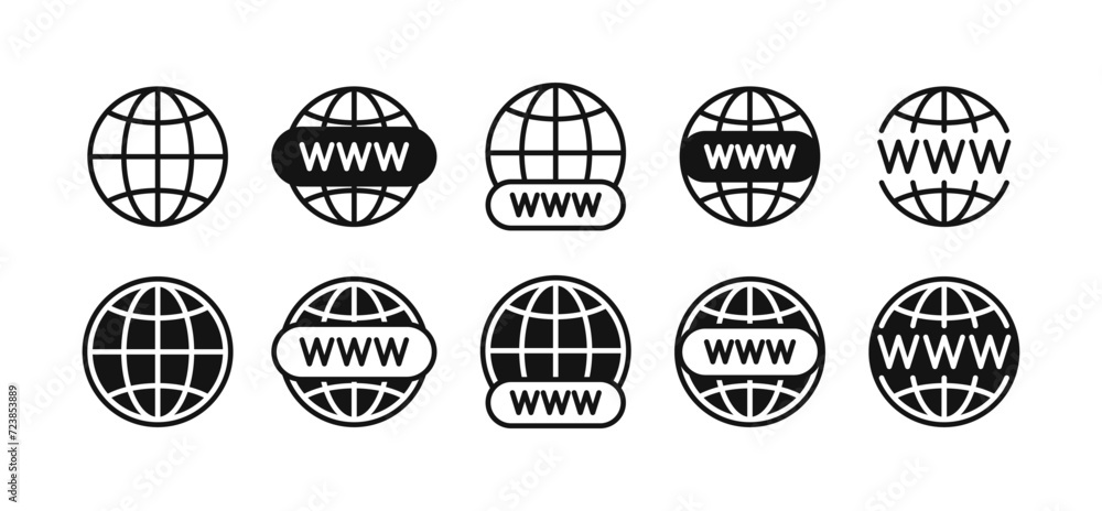 Poster website icon set with world globe. www icons with earth globe sign. world wide web internet symbols 