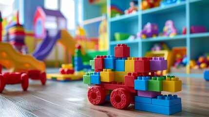 Many different toys children constructor blocks on floor in childs room