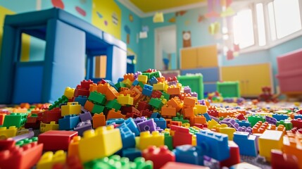 Fototapeta na wymiar Many different toys children constructor blocks on floor in childs room