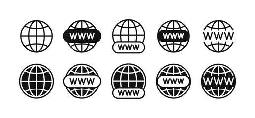 Website icon set with World globe. WWW icons with Earth globe sign. World Wide Web internet symbols with round and flatten planet. Vector illustration.