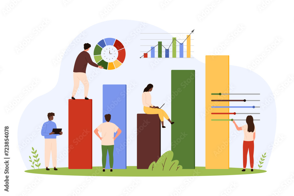 Poster marketing research and data optimization, service customization. tiny people control sliders and cha