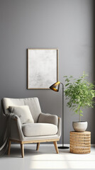 Interior of modern living room with grey armchair, lamp and plant