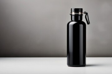 Black thermos bottle isolated on white background, studio photo style
