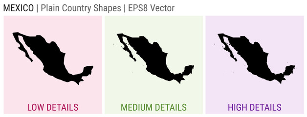 Mexico - plain country shapes. Low, medium, and high detailed maps of Mexico. EPS8 Vector illustration.