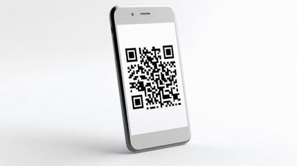 Qr code on smartphone screen isolated on white background .